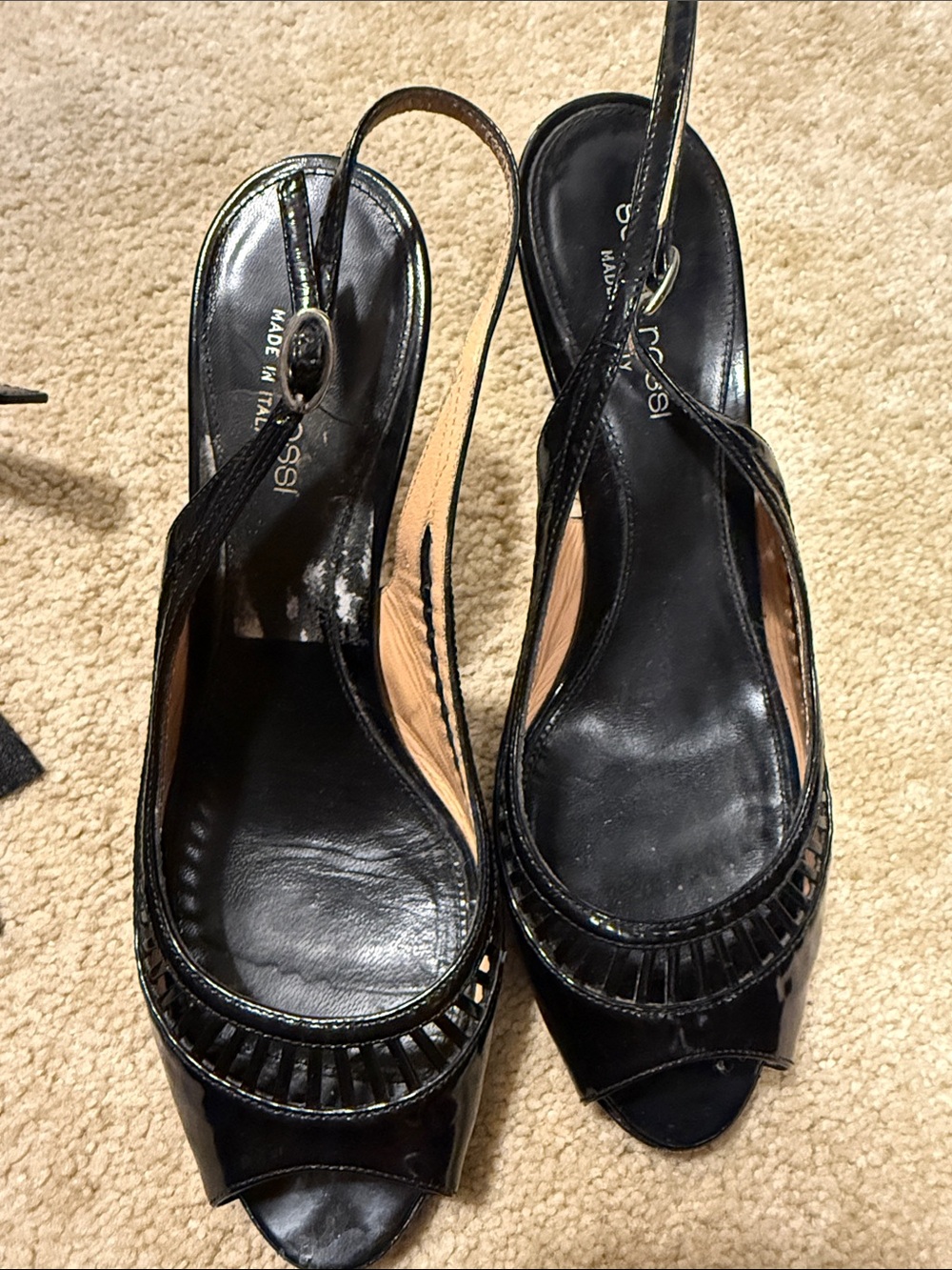 Sergio Rossi Black Patent Leather Peep-Toe Slingback Mules